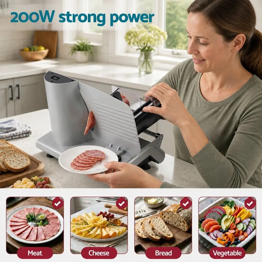 Food Slicer Stainless Steel 200W Adjustable Thickness 0-15mm Silver