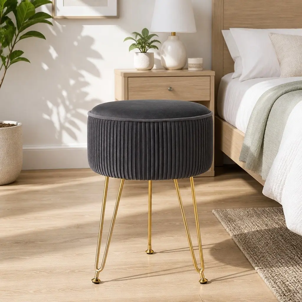 Round Ottoman Footstool Velvet Vertical Stripe Grey Metal Legs Assembly