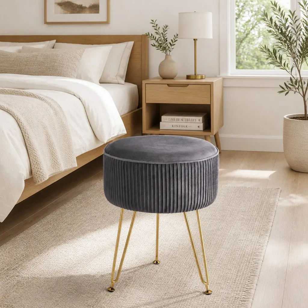 Round Footstool Velvet Grey Vertical Stripe MDF Frame Metal Legs 33cm x 33cm x 46cm Assembly Required