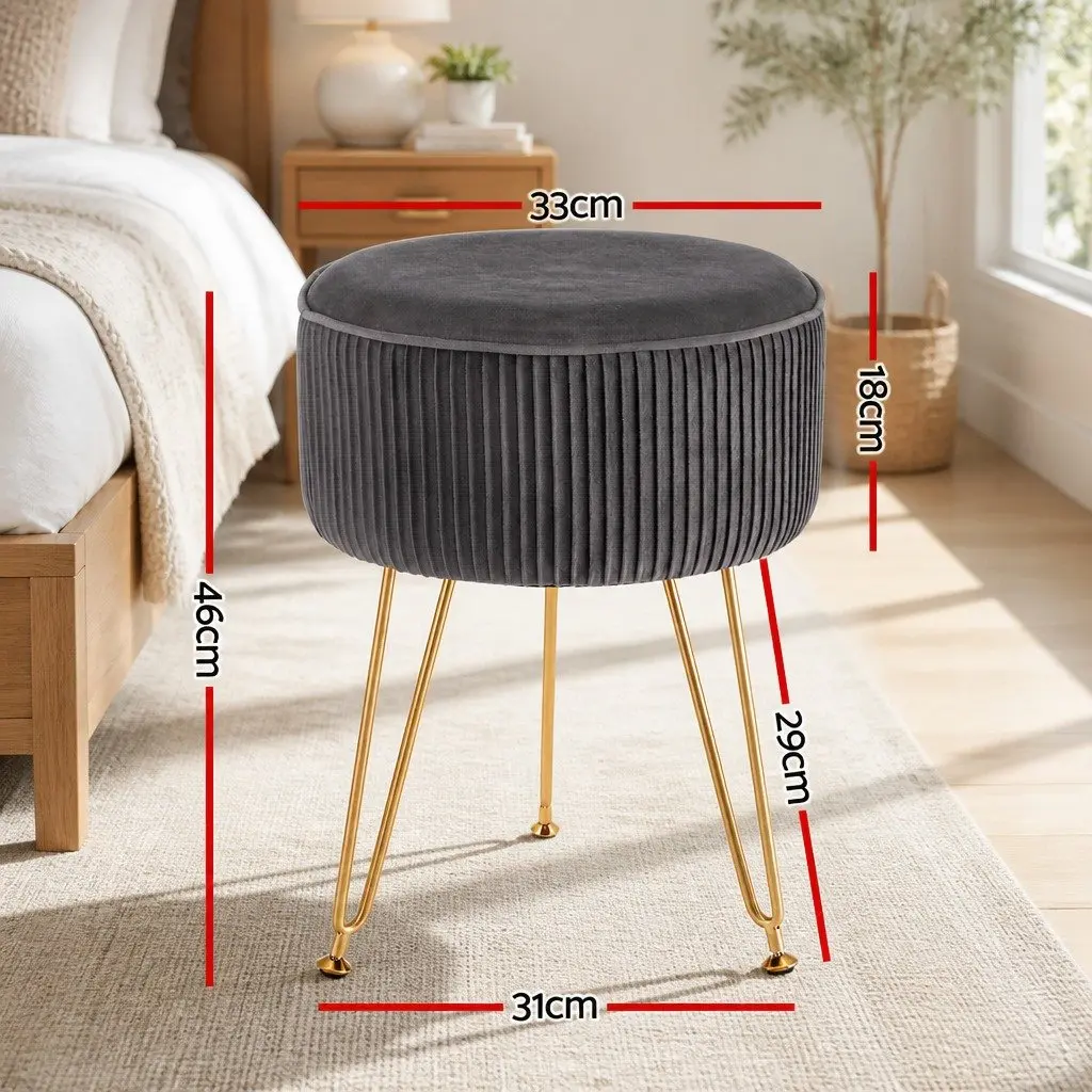 Round Footstool Velvet Grey Vertical Stripe MDF Frame Metal Legs 33cm x 33cm x 46cm Assembly Required
