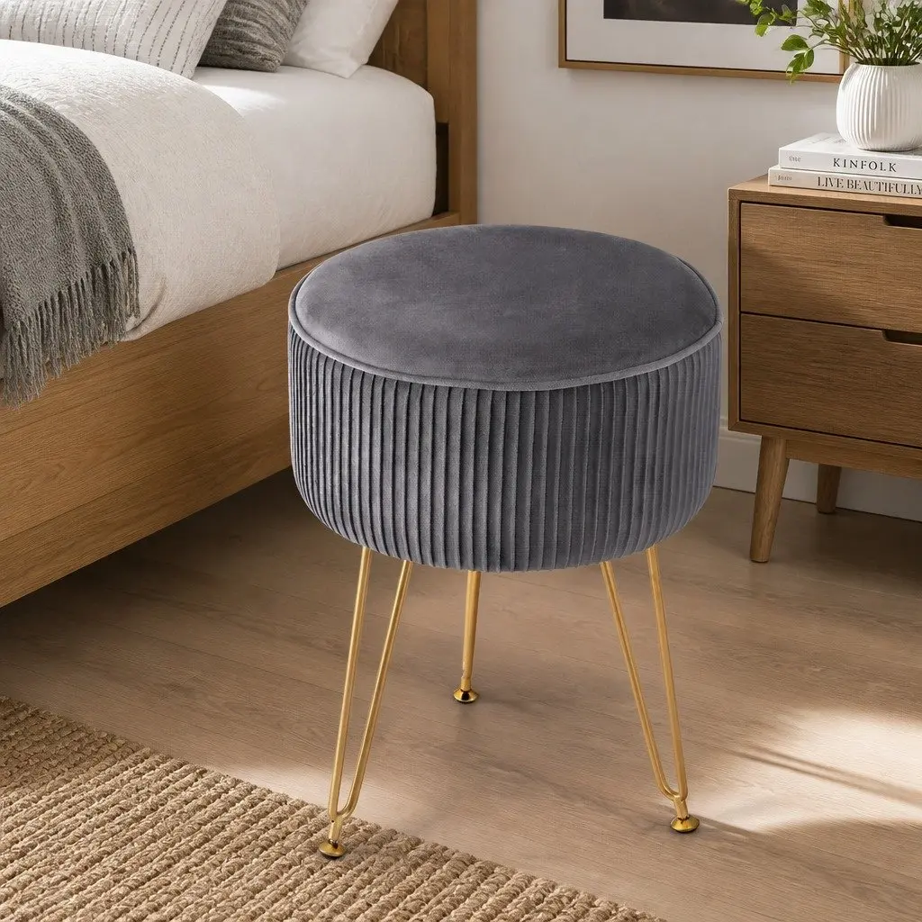 Round Footstool Velvet Grey Vertical Stripe MDF Frame Metal Legs 33cm x 33cm x 46cm Assembly Required