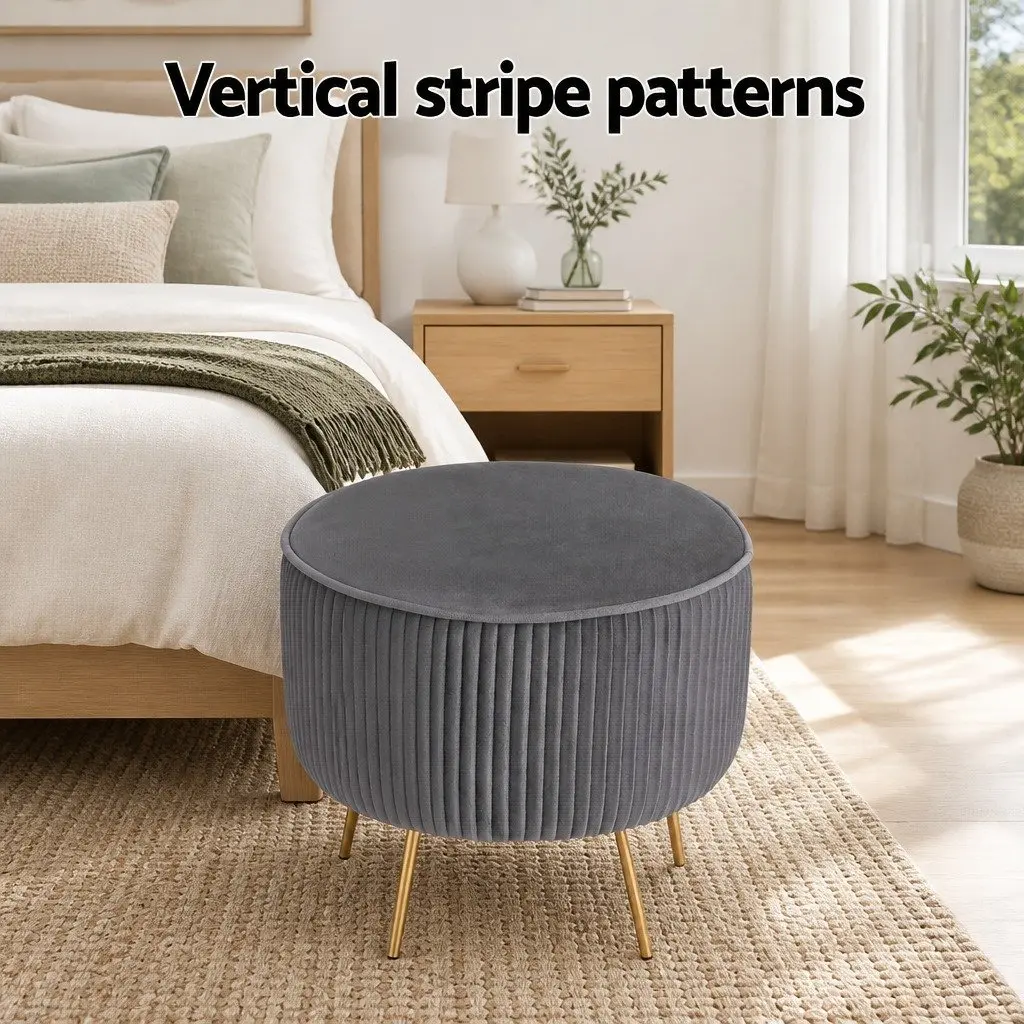 Round Footstool Velvet Grey Vertical Stripe MDF Frame Metal Legs 33cm x 33cm x 46cm Assembly Required