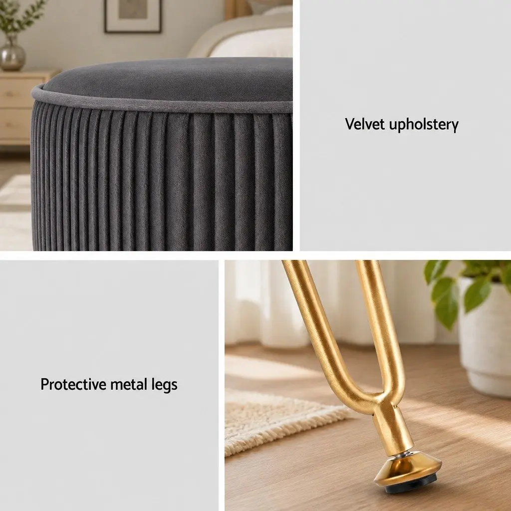 Round Footstool Velvet Grey Vertical Stripe MDF Frame Metal Legs 33cm x 33cm x 46cm Assembly Required