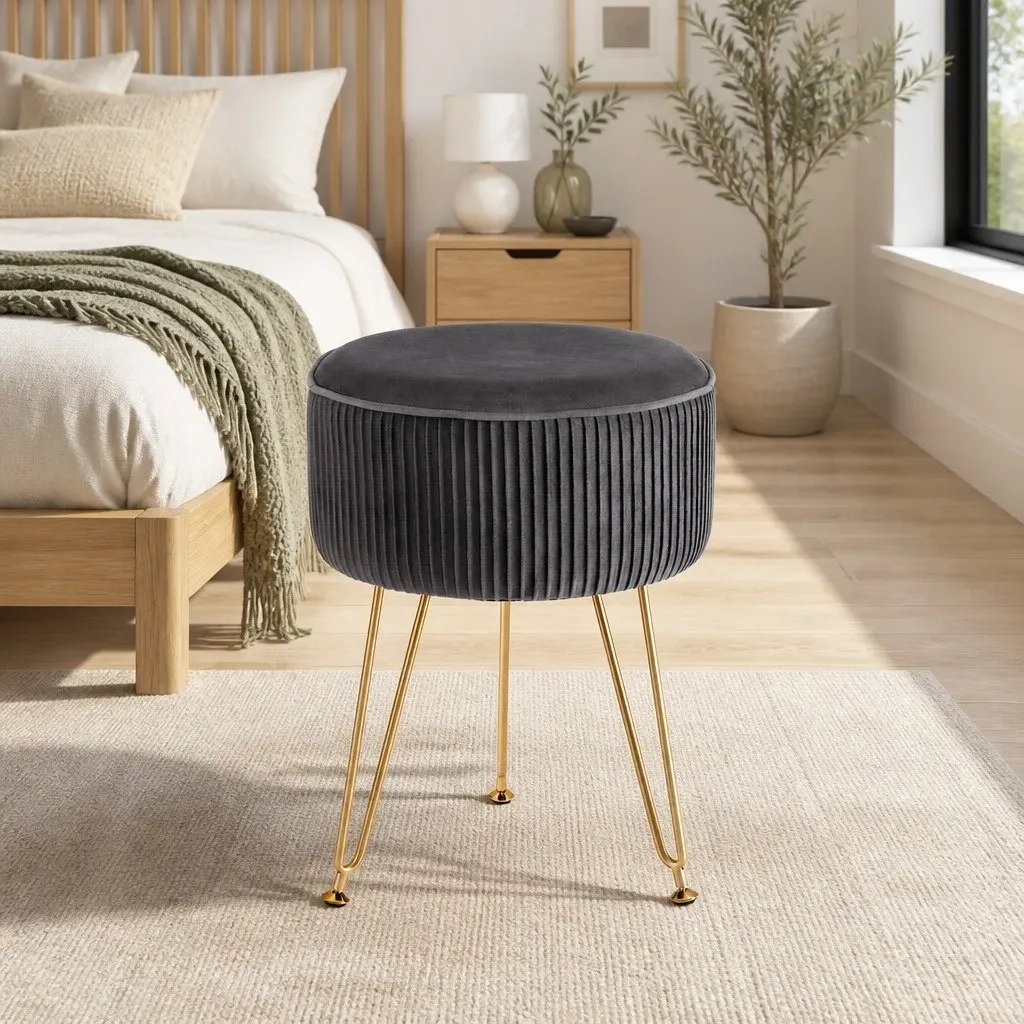 Round Footstool Velvet Grey Vertical Stripe MDF Frame Metal Legs 33cm x 33cm x 46cm Assembly Required
