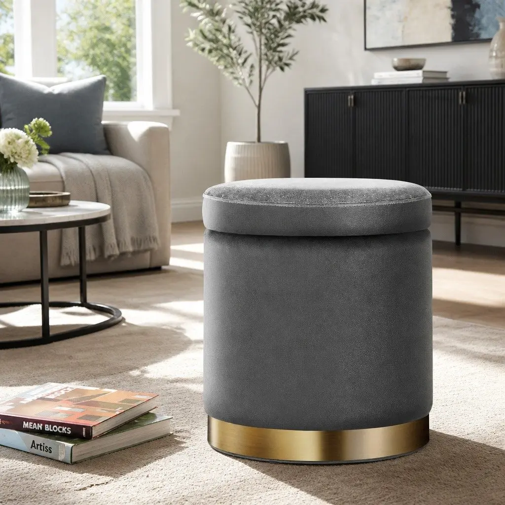 Round Ottoman Storage Footstool Velvet 40cm Charcoal Grey