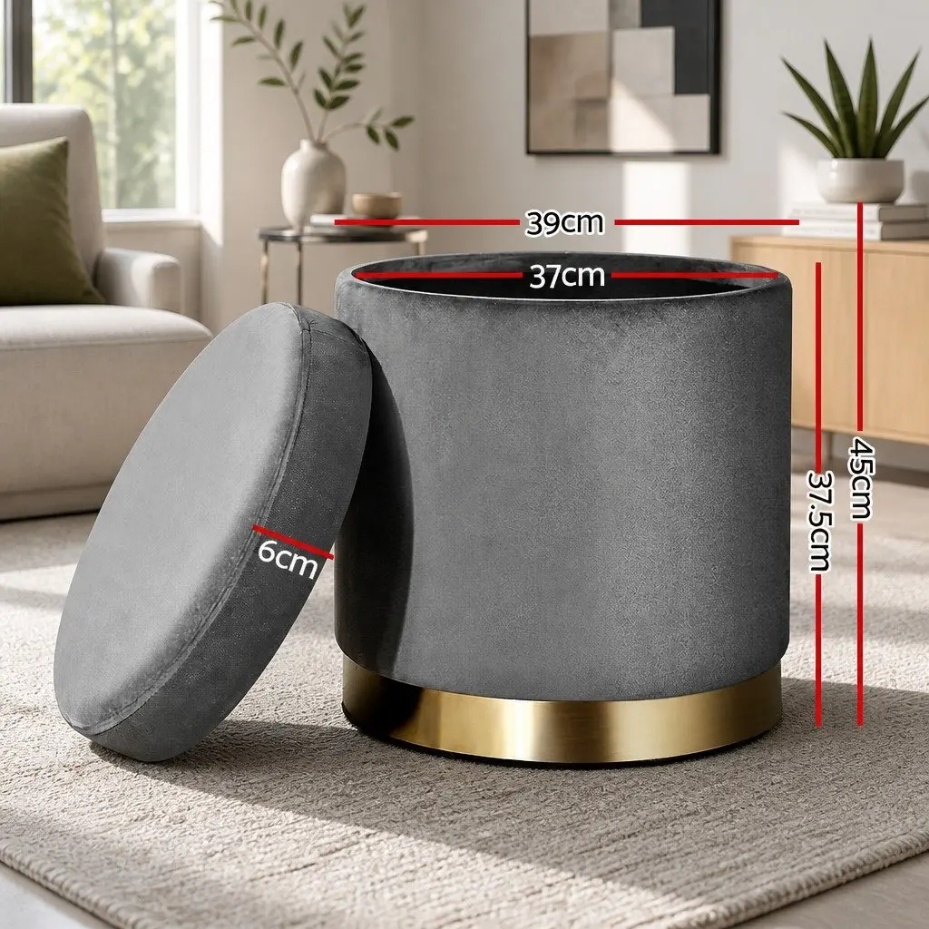 Round Ottoman Storage Footstool Velvet 40cm Charcoal Grey