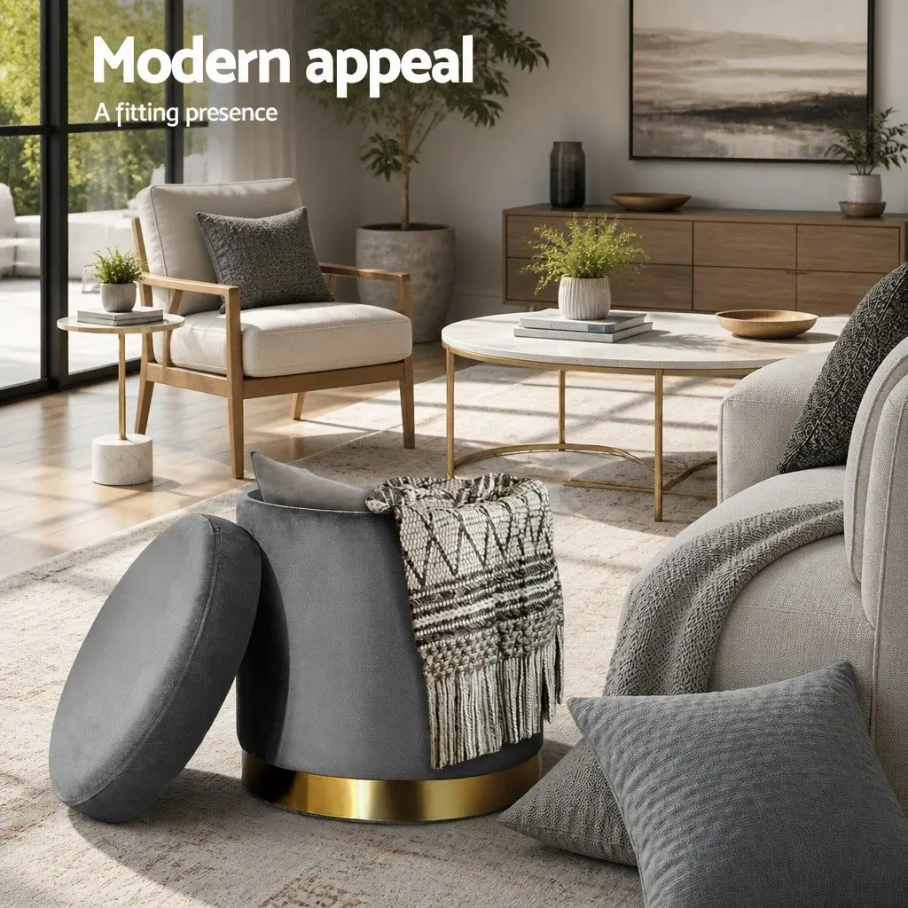 Round Ottoman Storage Footstool Velvet 40cm Charcoal Grey