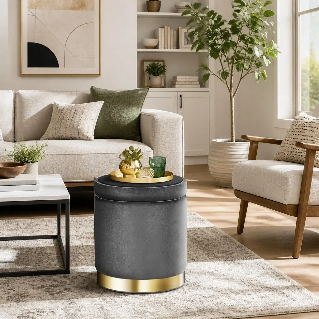 Round Ottoman Storage Footstool Velvet 40cm Charcoal Grey
