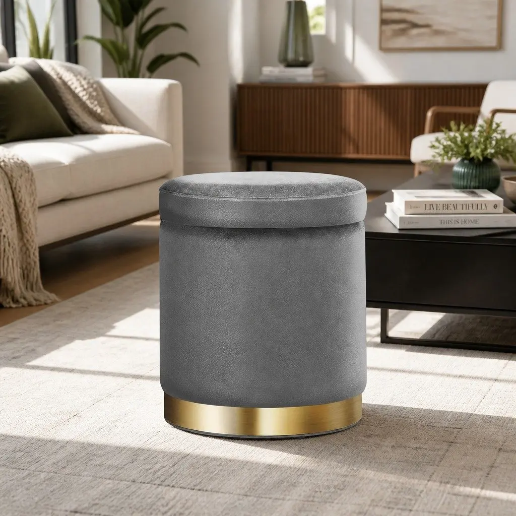 Round Ottoman Storage Footstool Velvet 40cm Charcoal Grey