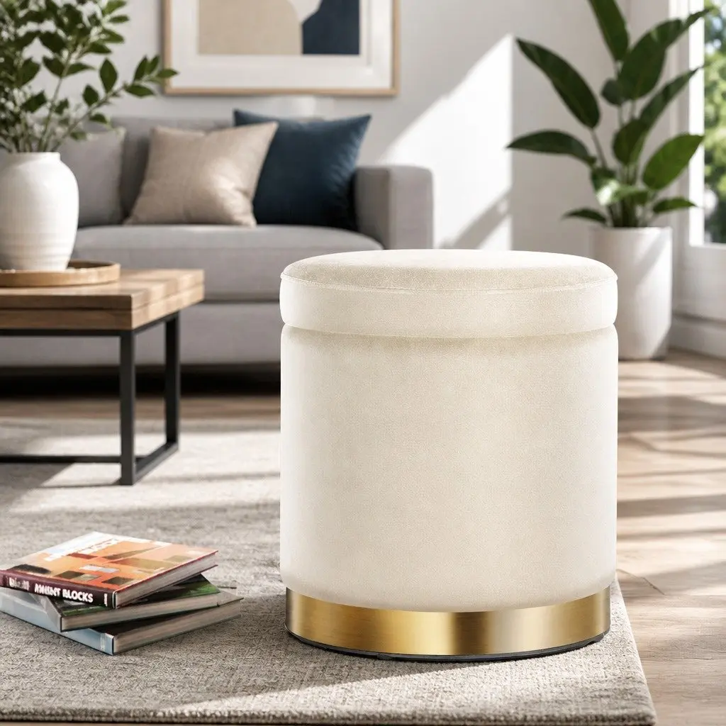 Round Ottoman Storage Footstool Velvet Cream 40cm W x 40cm D x 45cm H