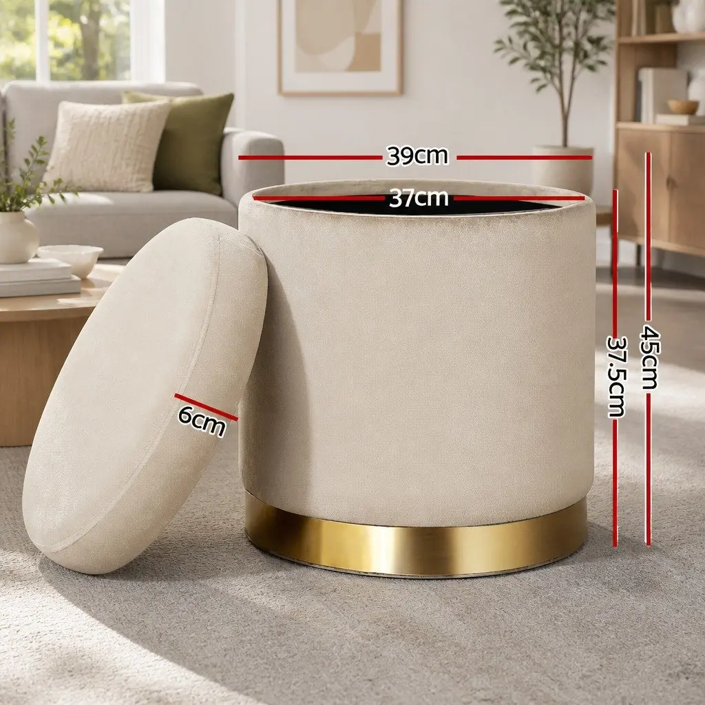 Round Ottoman Storage Footstool Velvet Cream 40cm W x 40cm D x 45cm H
