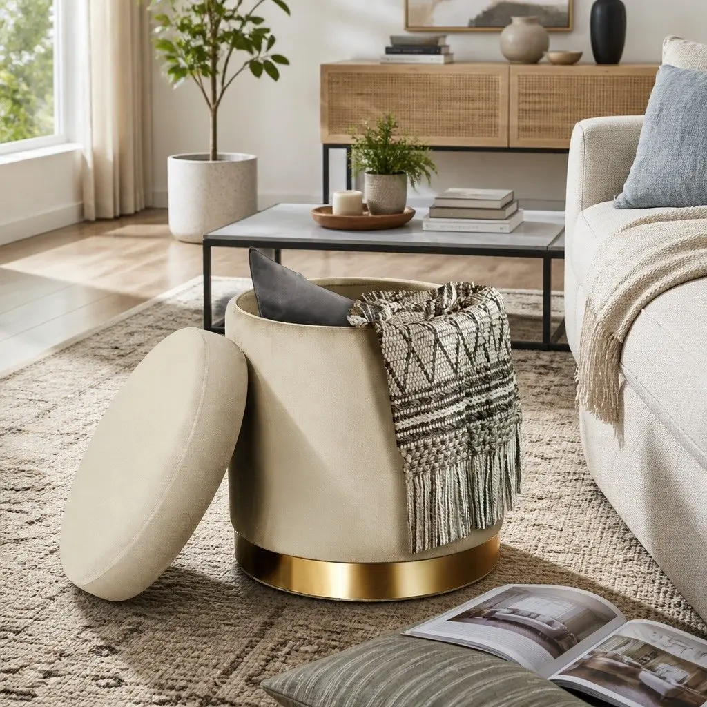 Round Ottoman Storage Footstool Velvet Cream 40cm W x 40cm D x 45cm H