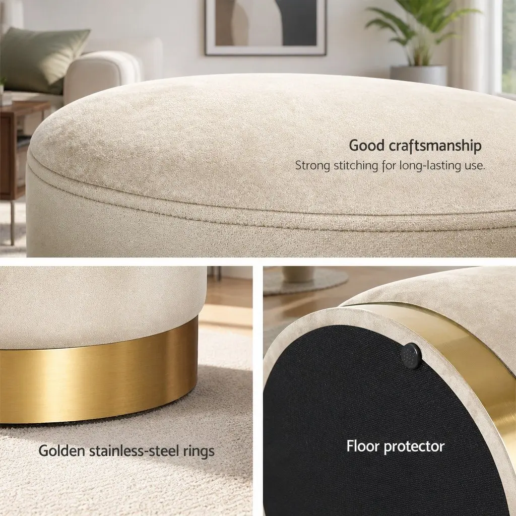 Round Ottoman Storage Footstool Velvet Cream 40cm W x 40cm D x 45cm H