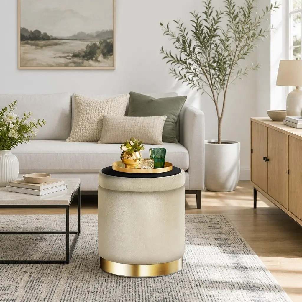 Round Ottoman Storage Footstool Velvet Cream 40cm W x 40cm D x 45cm H
