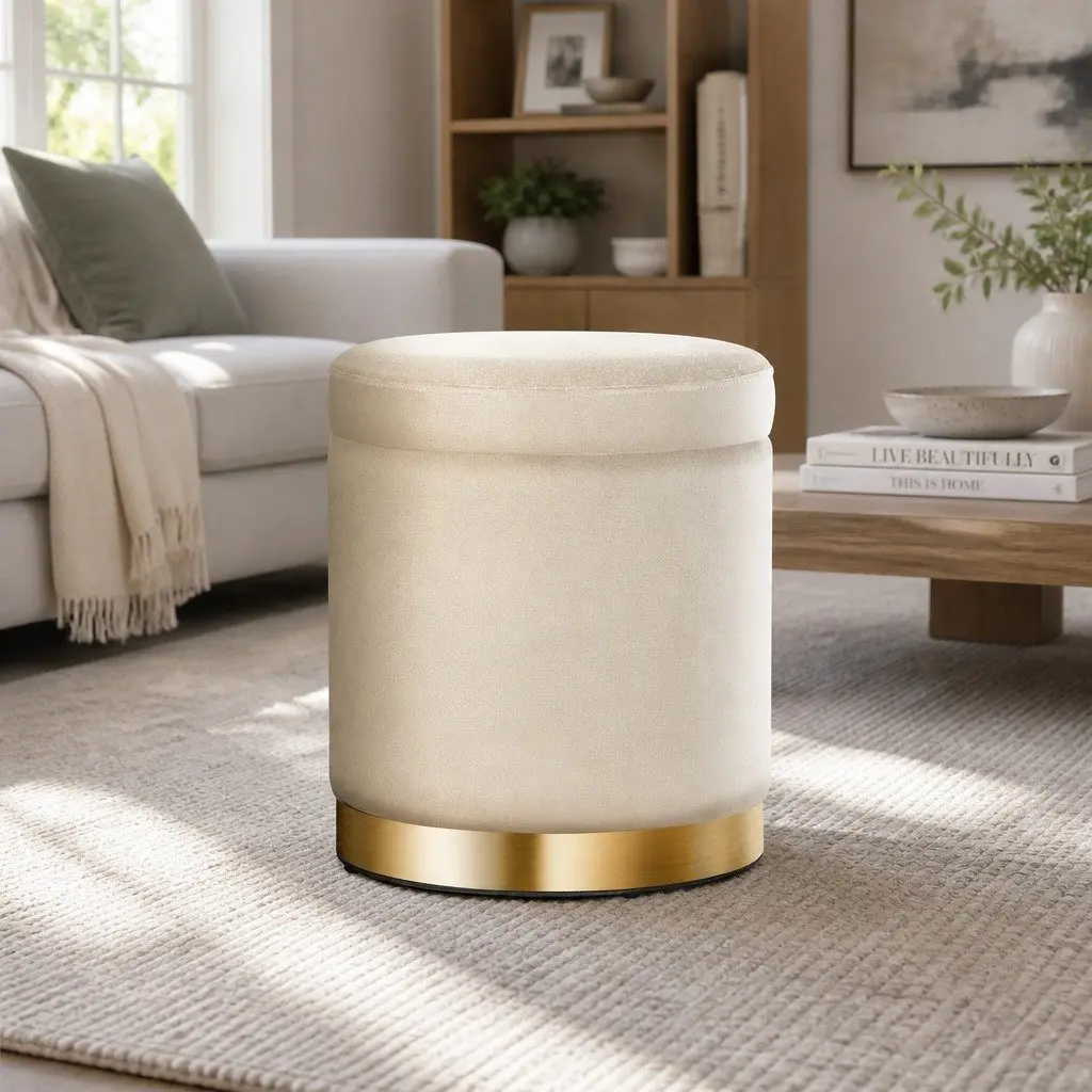 Round Ottoman Storage Footstool Velvet Cream 40cm W x 40cm D x 45cm H