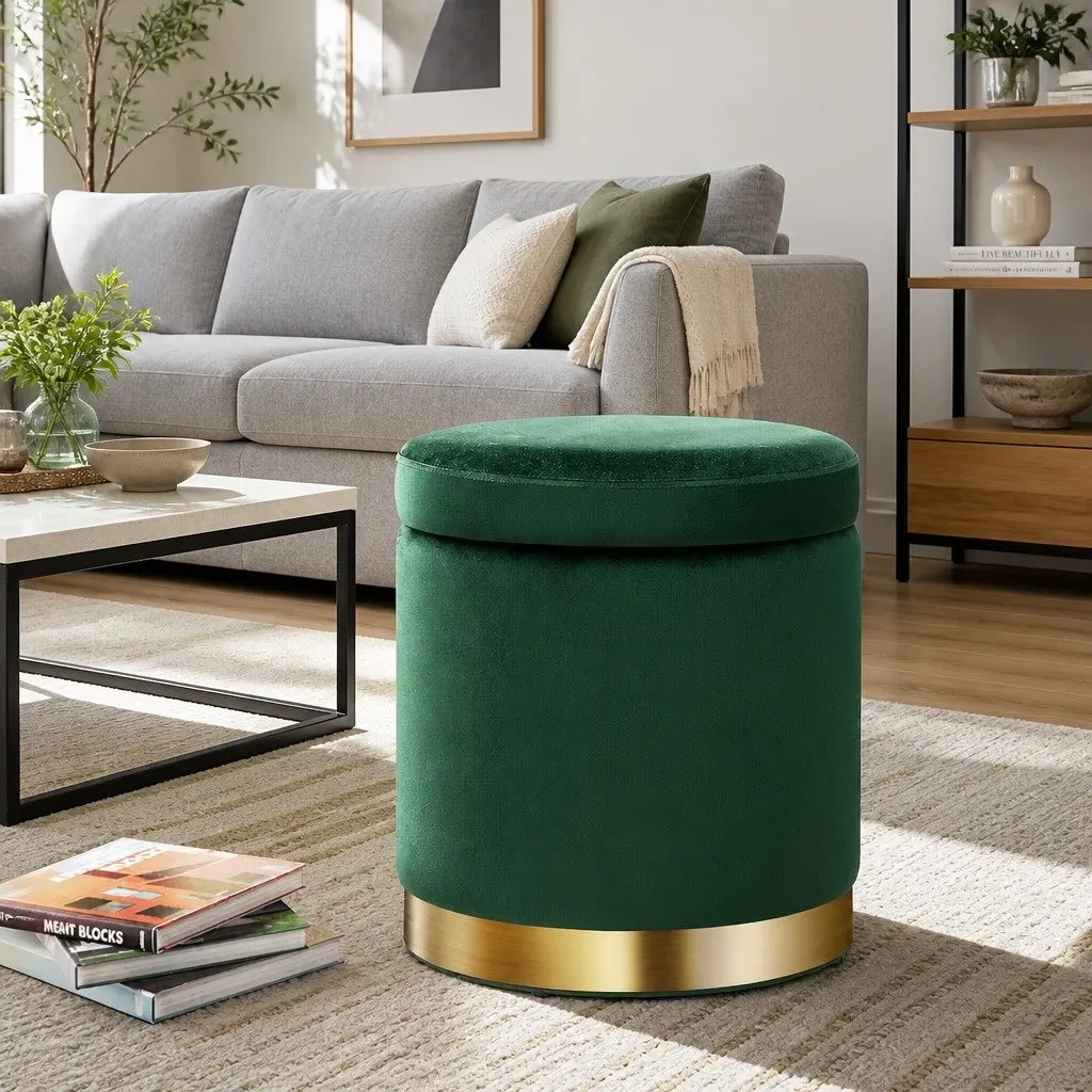 Ottoman Foot Stool Velvet Green Tufted Round Storage Seat 40cm W x 40cm D x 45cm H