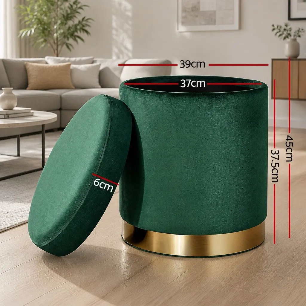 Ottoman Foot Stool Velvet Green Tufted Round Storage Seat 40cm W x 40cm D x 45cm H