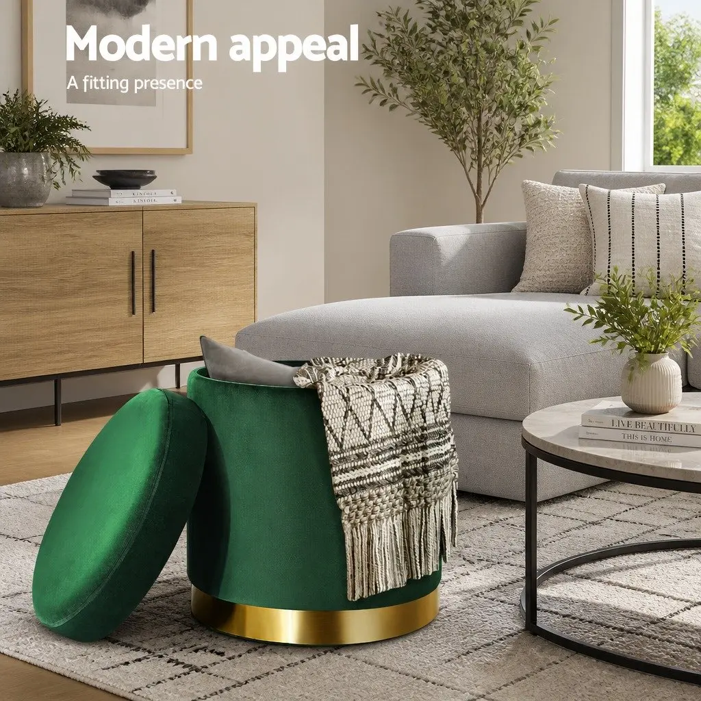 Ottoman Foot Stool Velvet Green Tufted Round Storage Seat 40cm W x 40cm D x 45cm H