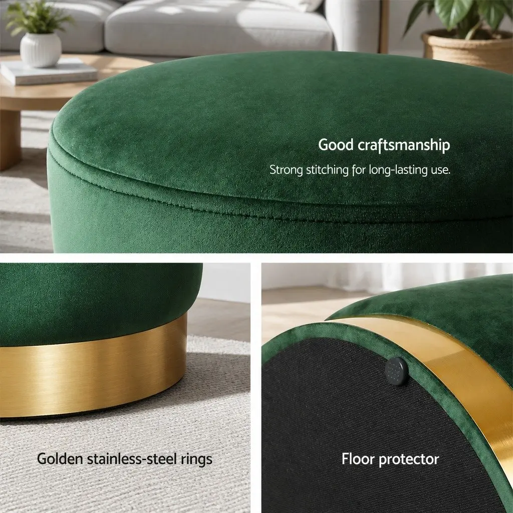 Ottoman Foot Stool Velvet Green Tufted Round Storage Seat 40cm W x 40cm D x 45cm H
