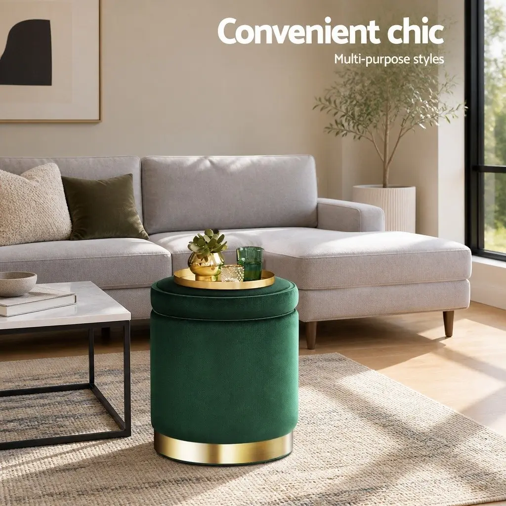 Ottoman Foot Stool Velvet Green Tufted Round Storage Seat 40cm W x 40cm D x 45cm H