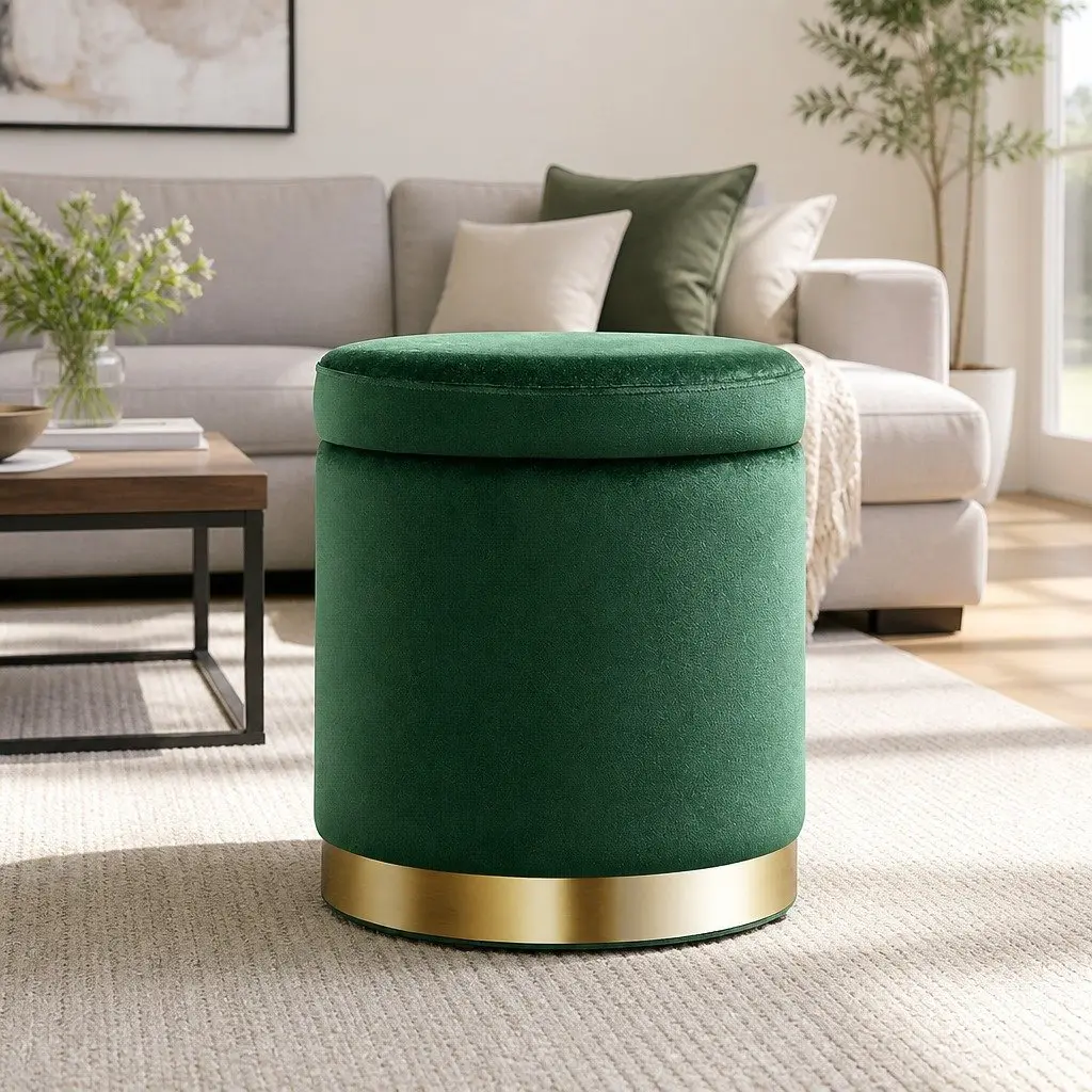 Ottoman Foot Stool Velvet Green Tufted Round Storage Seat 40cm W x 40cm D x 45cm H