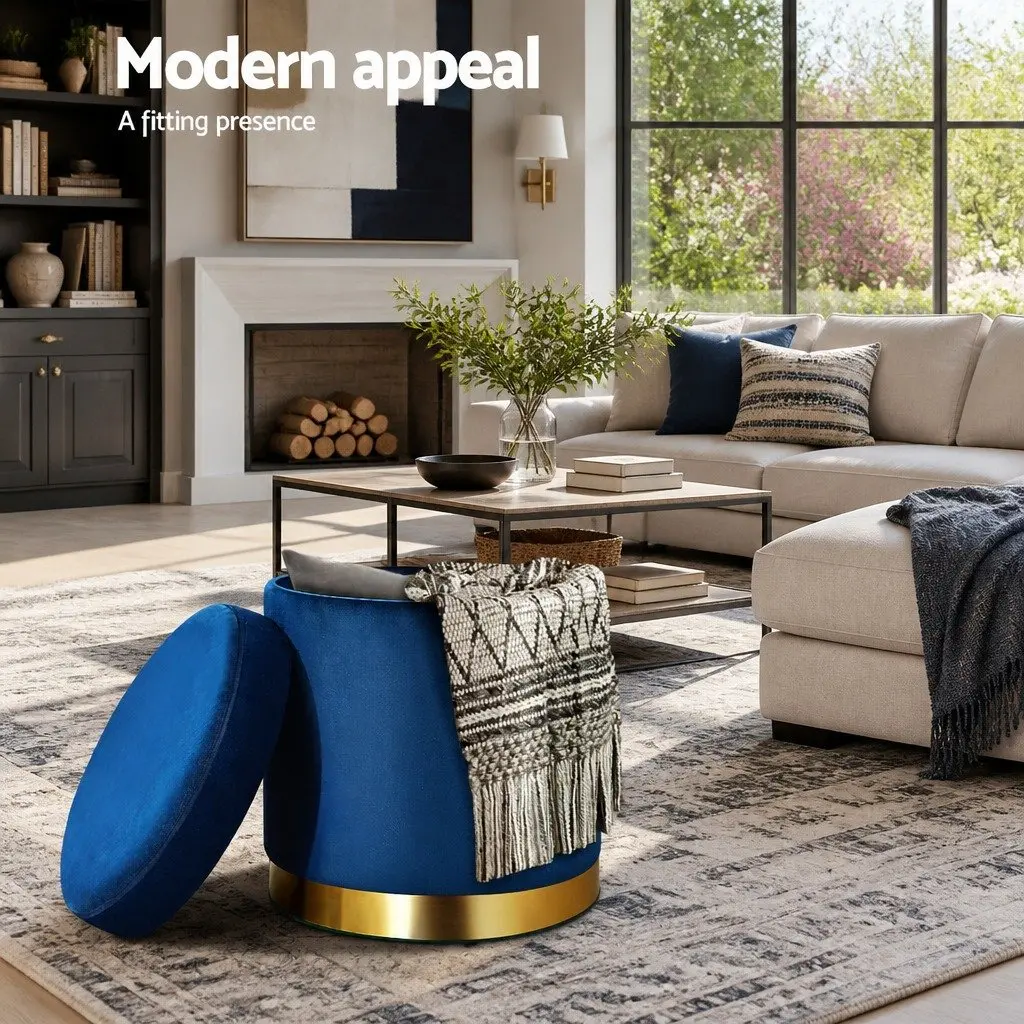 Ottoman Storage Foot Stool Velvet Navy Round Tufted 40cm x 40cm x 45cm