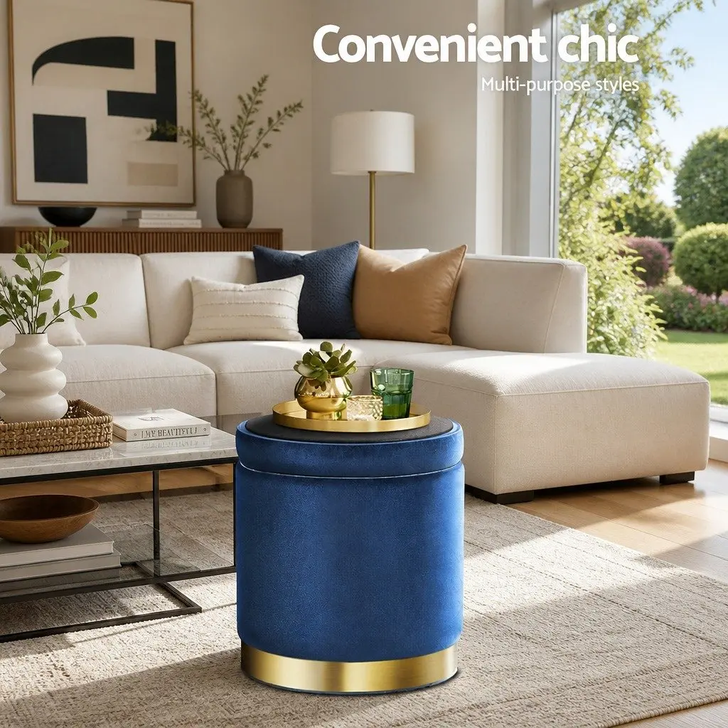 Ottoman Storage Foot Stool Velvet Navy Round Tufted 40cm x 40cm x 45cm