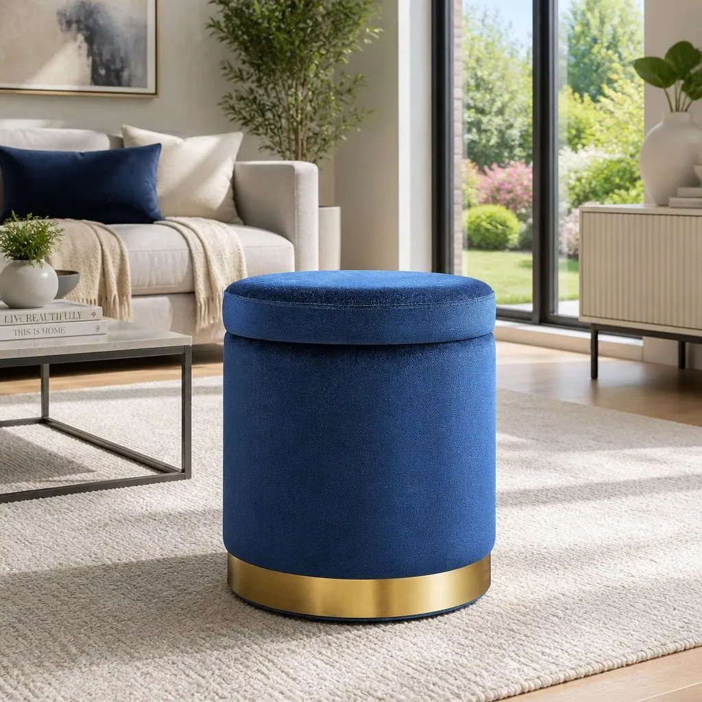 Ottoman Storage Foot Stool Velvet Navy Round Tufted 40cm x 40cm x 45cm