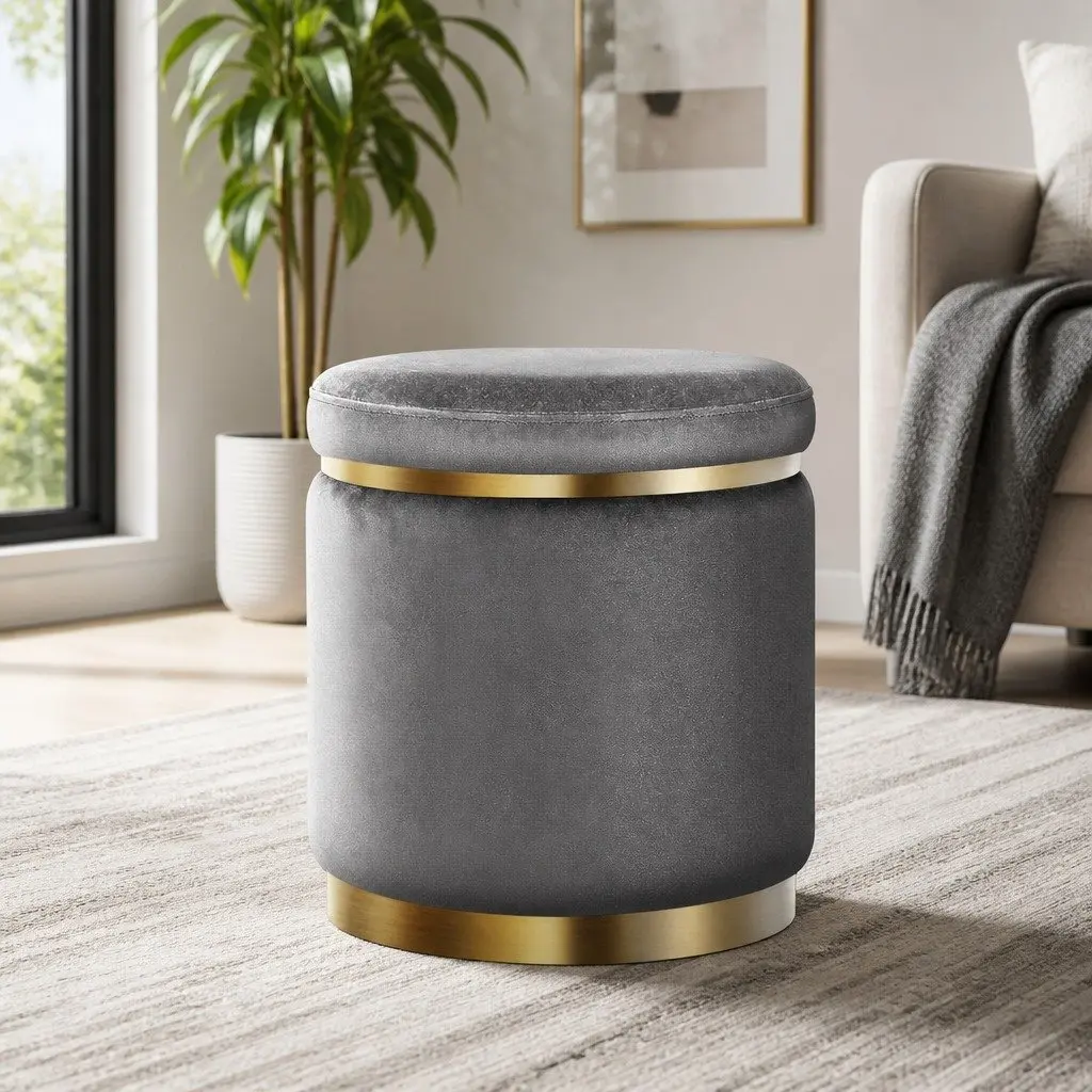 Round Velvet Ottoman Foot Stool Charcoal Grey Upholstered Seat Sturdy Construction