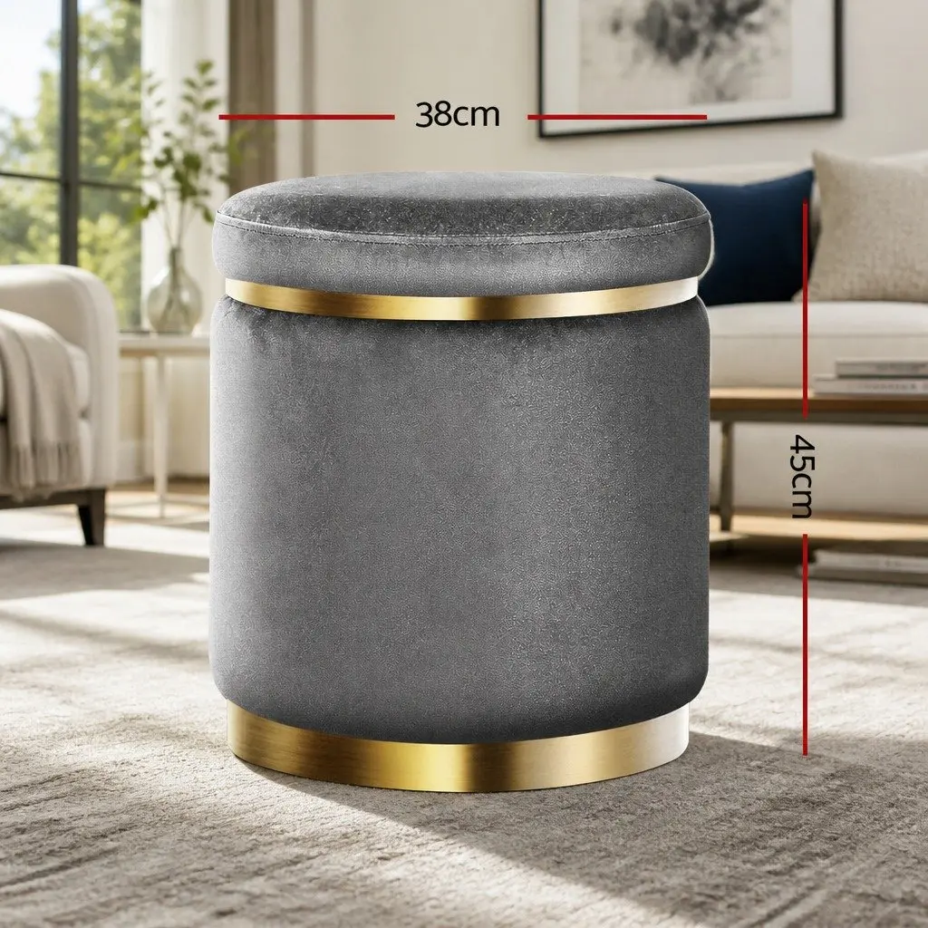 Round Velvet Ottoman Foot Stool Charcoal Grey Upholstered Seat Sturdy Construction