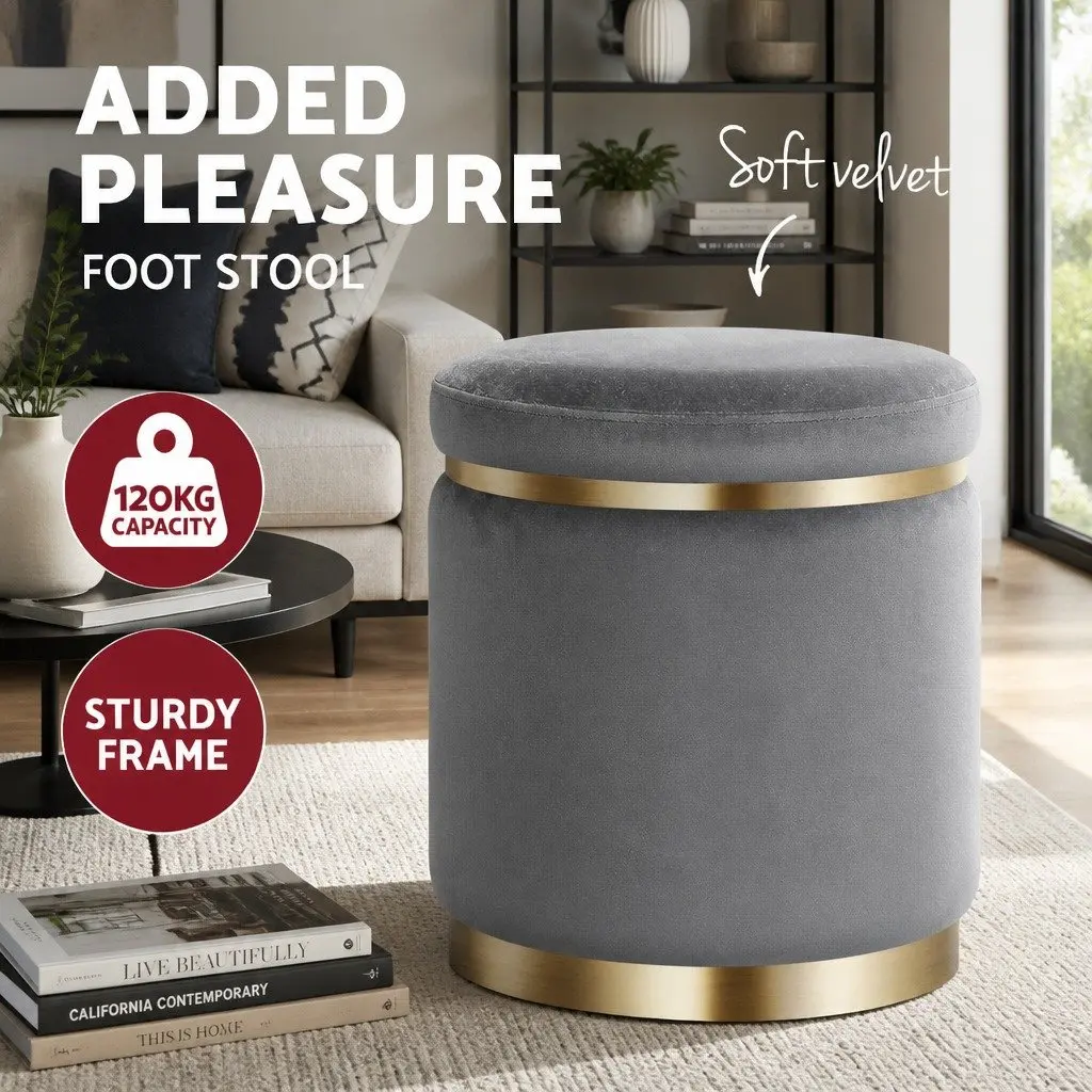 Round Velvet Ottoman Foot Stool Charcoal Grey Upholstered Seat Sturdy Construction