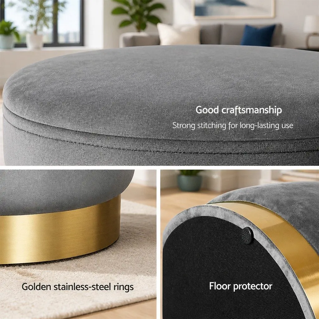 Round Velvet Ottoman Foot Stool Charcoal Grey Upholstered Seat Sturdy Construction