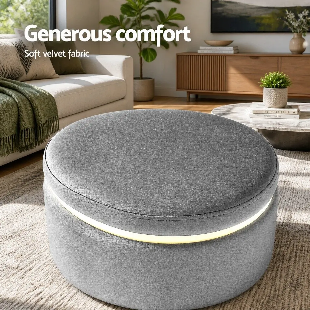 Round Velvet Ottoman Foot Stool Charcoal Grey Upholstered Seat Sturdy Construction