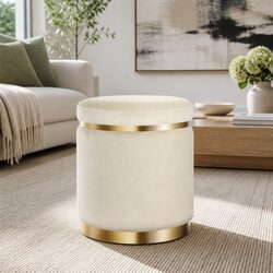 Ottoman Footstool Round Velvet Cream Upholstered Tufted Seating Living Room
