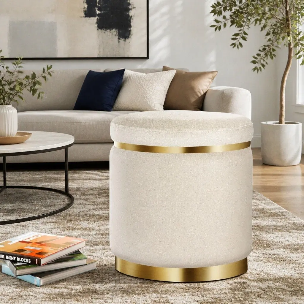 Round Velvet Upholstered Ottoman Footstool Cream Tufted Seating for Living Room 38cm x 38cm x 45cm