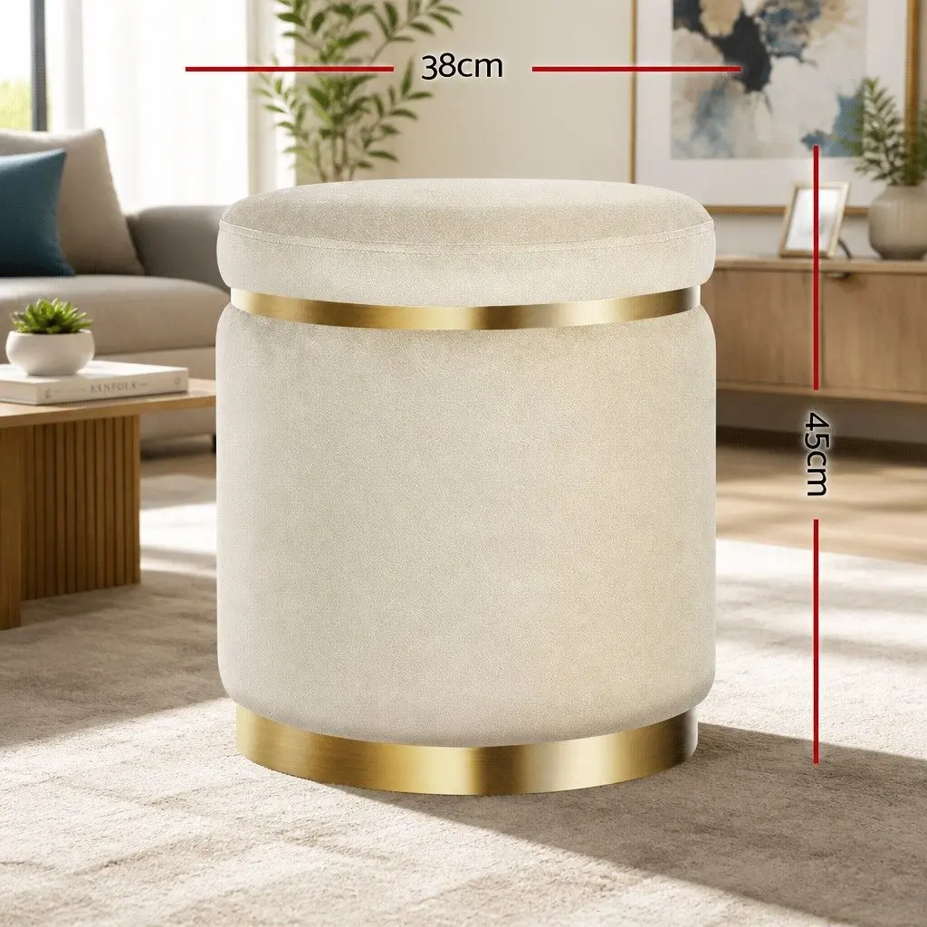 Round Velvet Upholstered Ottoman Footstool Cream Tufted Seating for Living Room 38cm x 38cm x 45cm