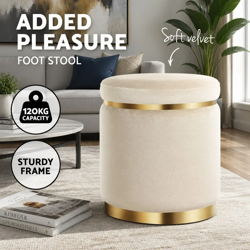 Round Velvet Upholstered Ottoman Footstool Cream Tufted Seating for Living Room 38cm x 38cm x 45cm