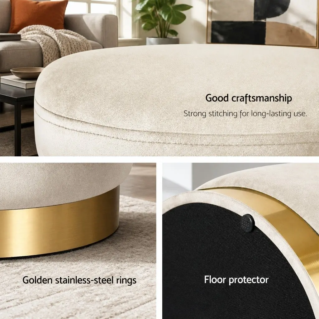 Round Velvet Upholstered Ottoman Footstool Cream Tufted Seating for Living Room 38cm x 38cm x 45cm