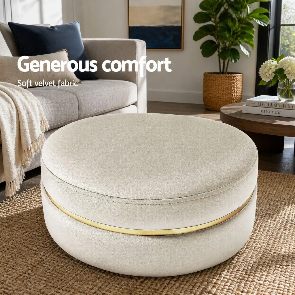 Round Velvet Upholstered Ottoman Footstool Cream Tufted Seating for Living Room 38cm x 38cm x 45cm