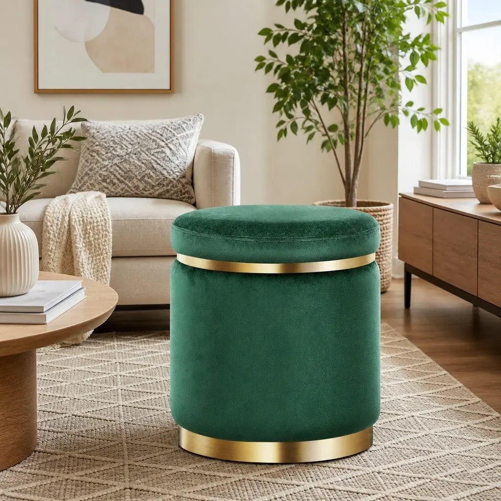 Round Ottoman Footstool Velvet Green 38cm x 38cm x 45cm Soft Seat Living Room Bedroom Furniture