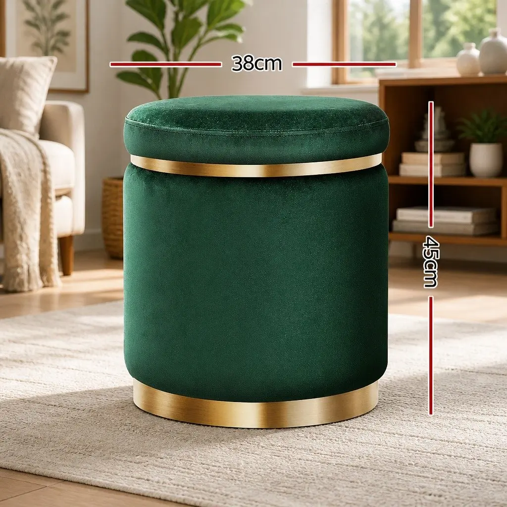 Round Ottoman Footstool Velvet Green 38cm x 38cm x 45cm Soft Seat Living Room Bedroom Furniture
