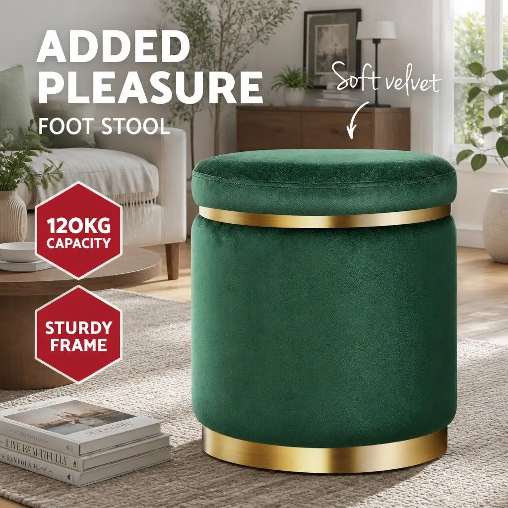 Round Ottoman Footstool Velvet Green 38cm x 38cm x 45cm Soft Seat Living Room Bedroom Furniture
