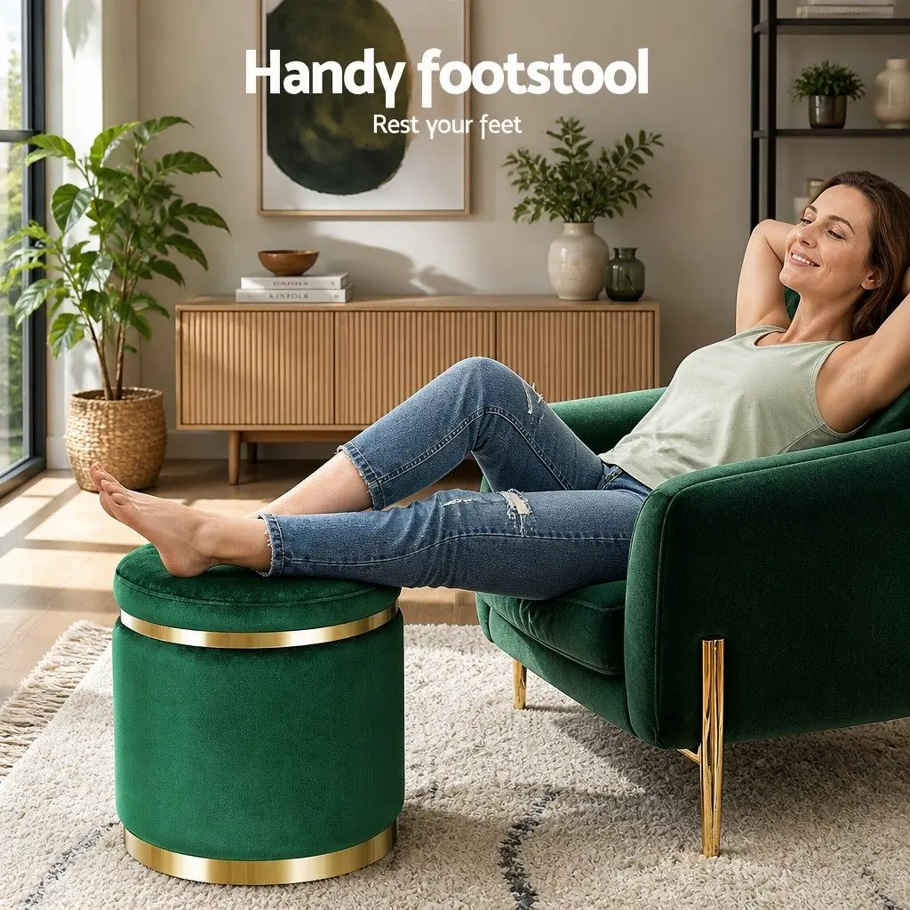 Round Ottoman Footstool Velvet Green 38cm x 38cm x 45cm Soft Seat Living Room Bedroom Furniture