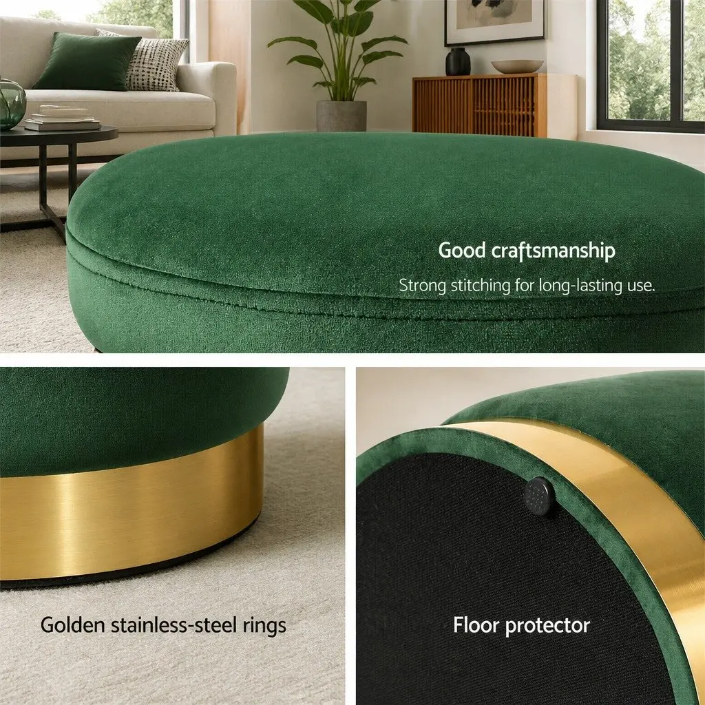 Round Ottoman Footstool Velvet Green 38cm x 38cm x 45cm Soft Seat Living Room Bedroom Furniture