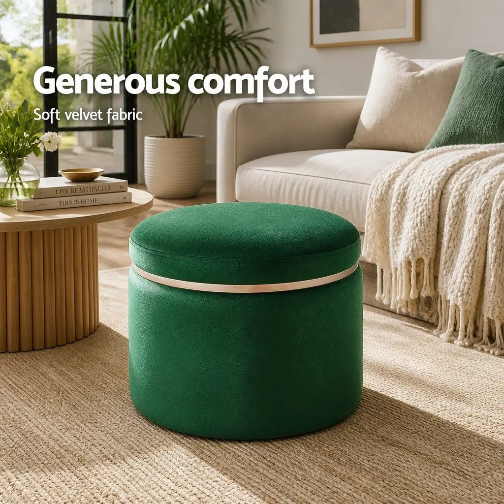 Round Ottoman Footstool Velvet Green 38cm x 38cm x 45cm Soft Seat Living Room Bedroom Furniture