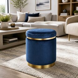 Ottoman Foot Stool Round Velvet Navy Tufted Seating Living Room Bedroom Footrest