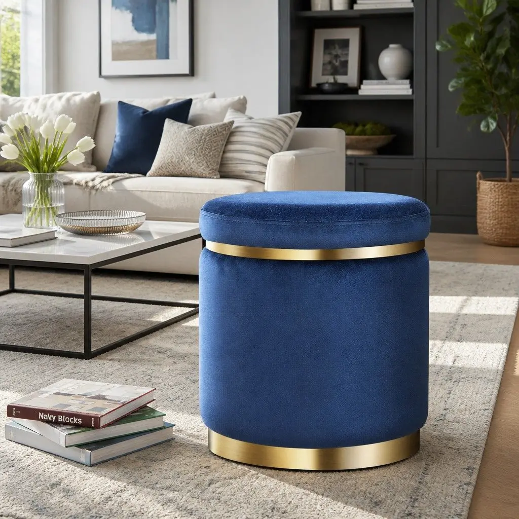 Ottoman Foot Stool Round Velvet Navy Tufted 38cm x 38cm x 45cm