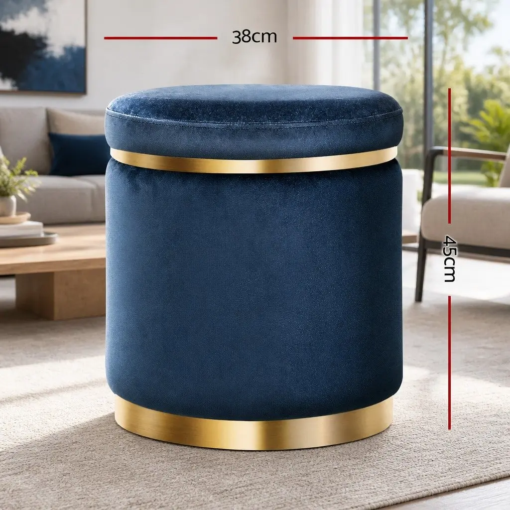 Ottoman Foot Stool Round Velvet Navy Tufted 38cm x 38cm x 45cm