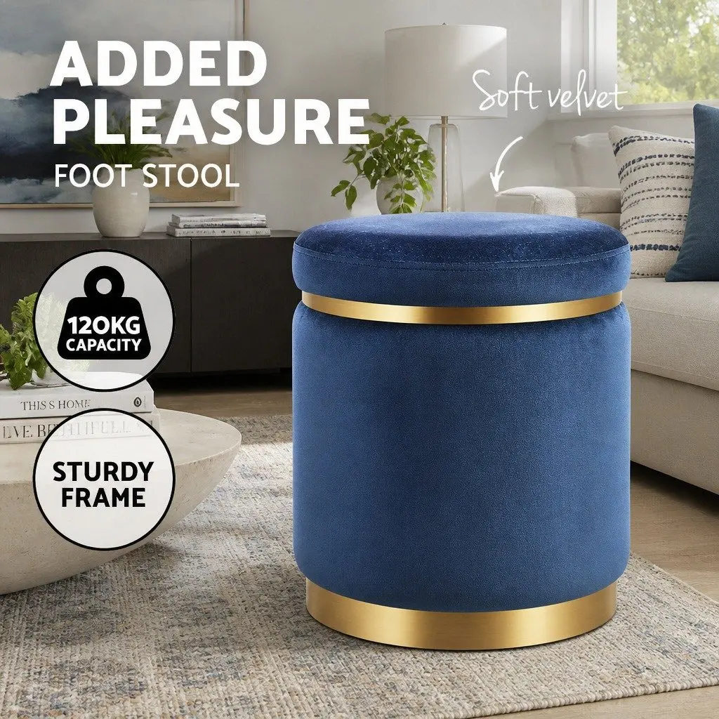 Ottoman Foot Stool Round Velvet Navy Tufted 38cm x 38cm x 45cm