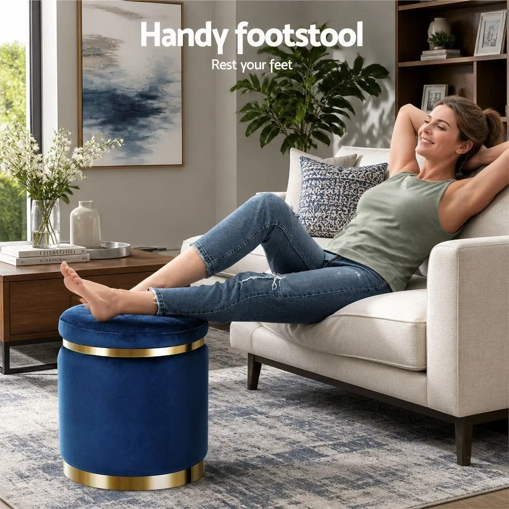 Ottoman Foot Stool Round Velvet Navy Tufted 38cm x 38cm x 45cm